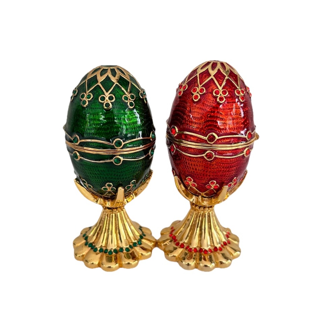 Lot Of 2 Red & Green Enameled Egg Trinket Box with Rhinestones on Stand Vintage